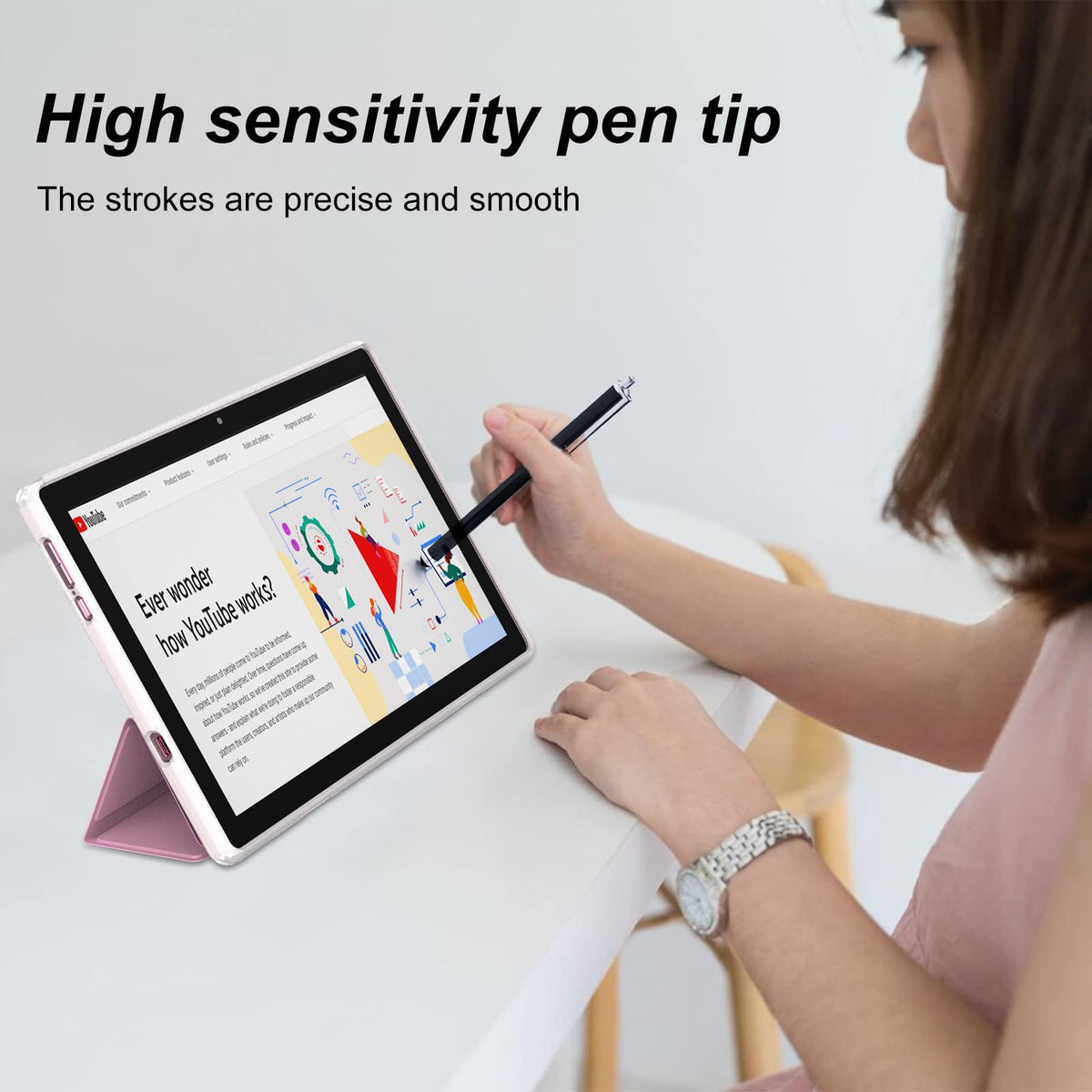 10 inch Android 15 Tablet with Keyboard Case Mouse Stylus Pink B3926