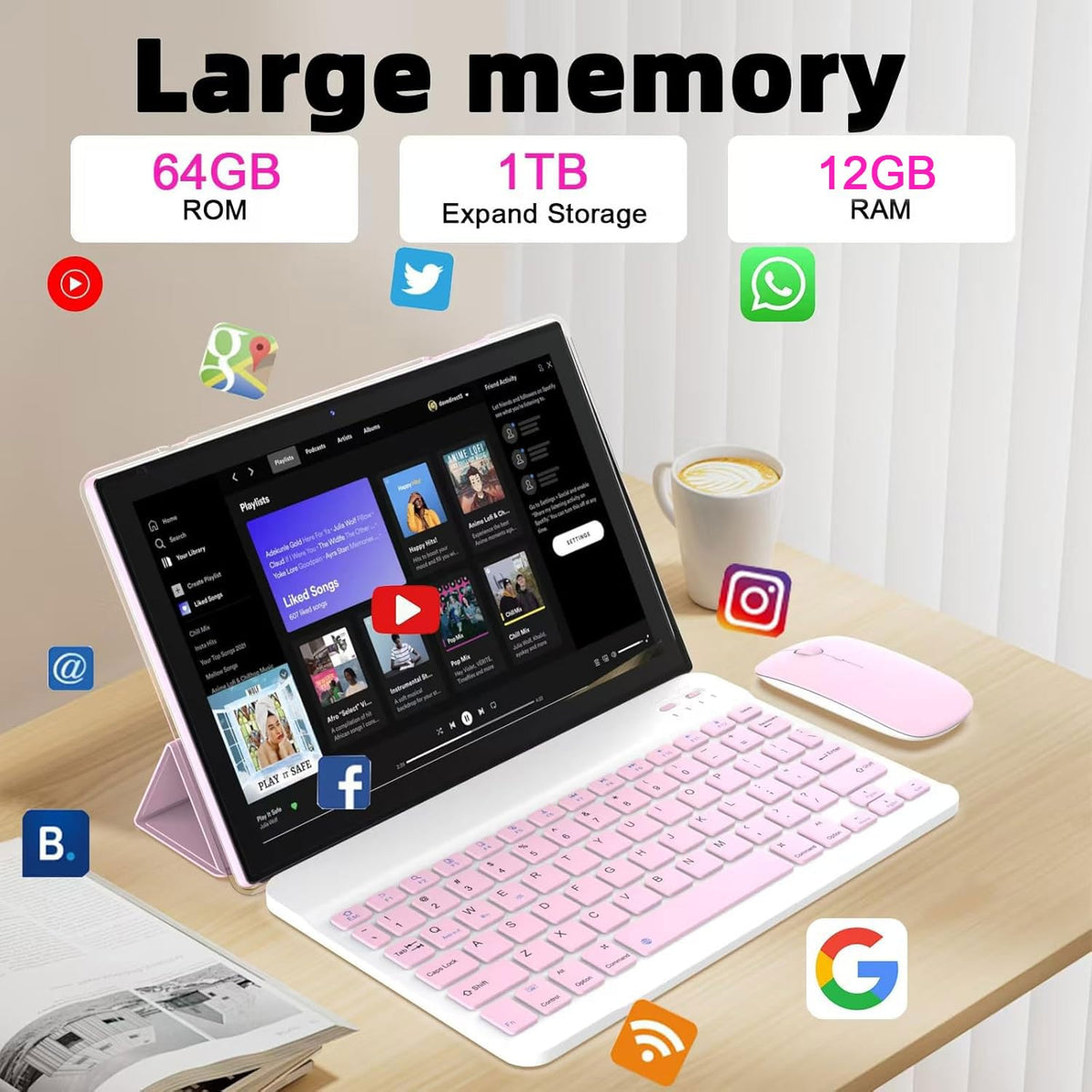 10 inch Android 15 Tablet with Keyboard Case Mouse Stylus Pink B3926