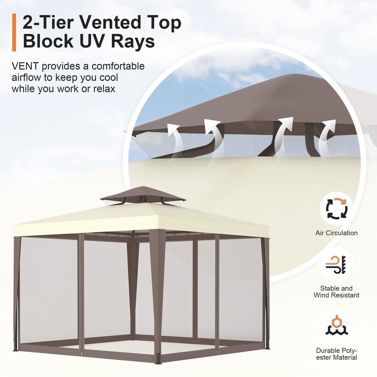 10'x10' Waterproof UV-Resistant 2-Tier Canopy Tent with Mosquito Netting E479
