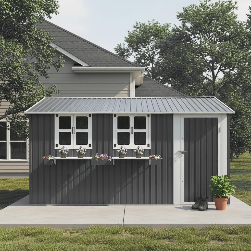 12x10 FT Grey Metal Storage Shed with Clear Windows Z161