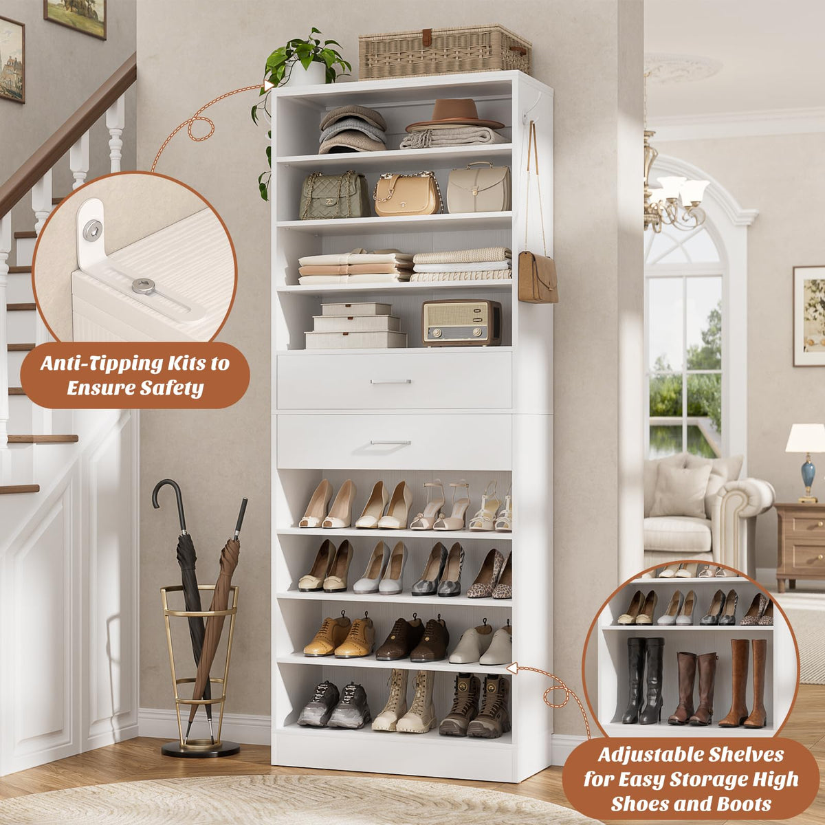 10 Tiers Tall White Wood Shoe Cabinet D256578