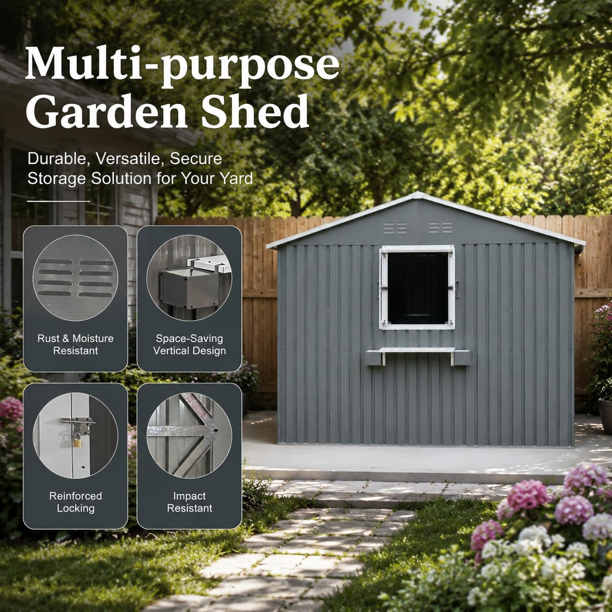 12x10 FT Grey Metal Storage Shed with Clear Windows Z161