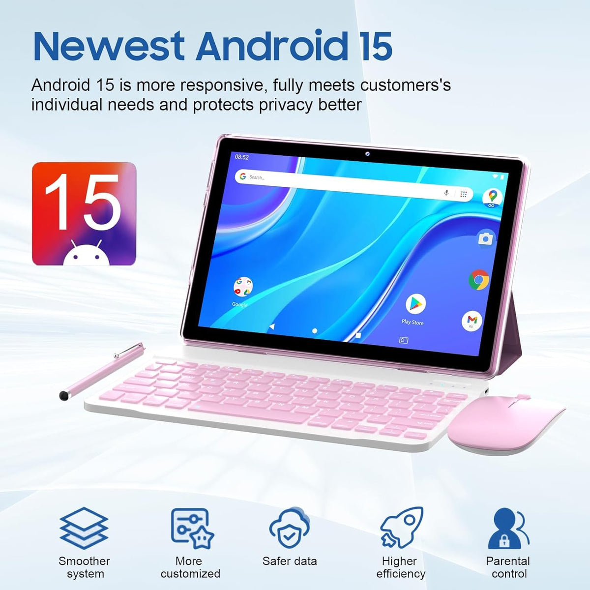 10 inch Android 15 Tablet with Keyboard Case Mouse Stylus Pink B3926