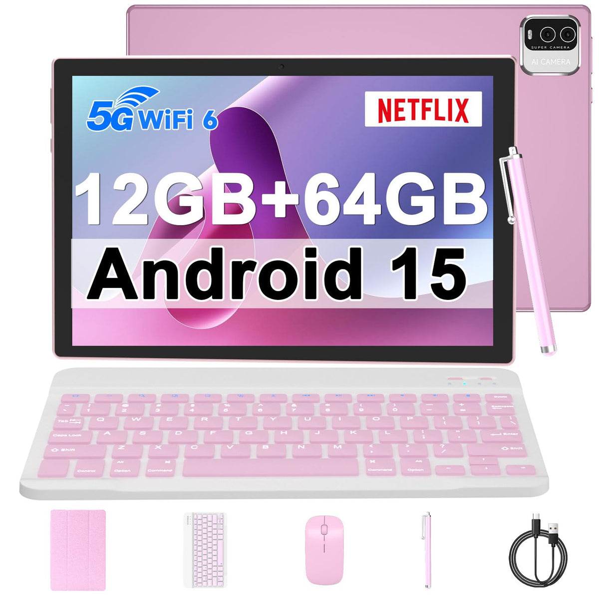 10 inch Android 15 Tablet with Keyboard Case Mouse Stylus Pink B3926