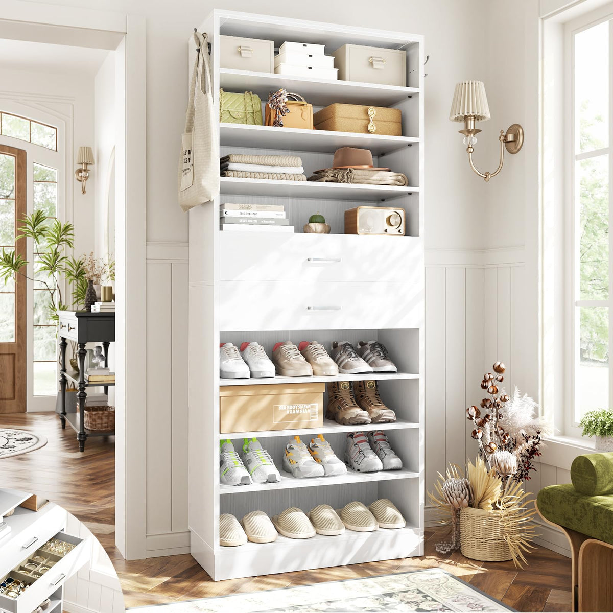 10 Tiers Tall White Wood Shoe Cabinet D256578
