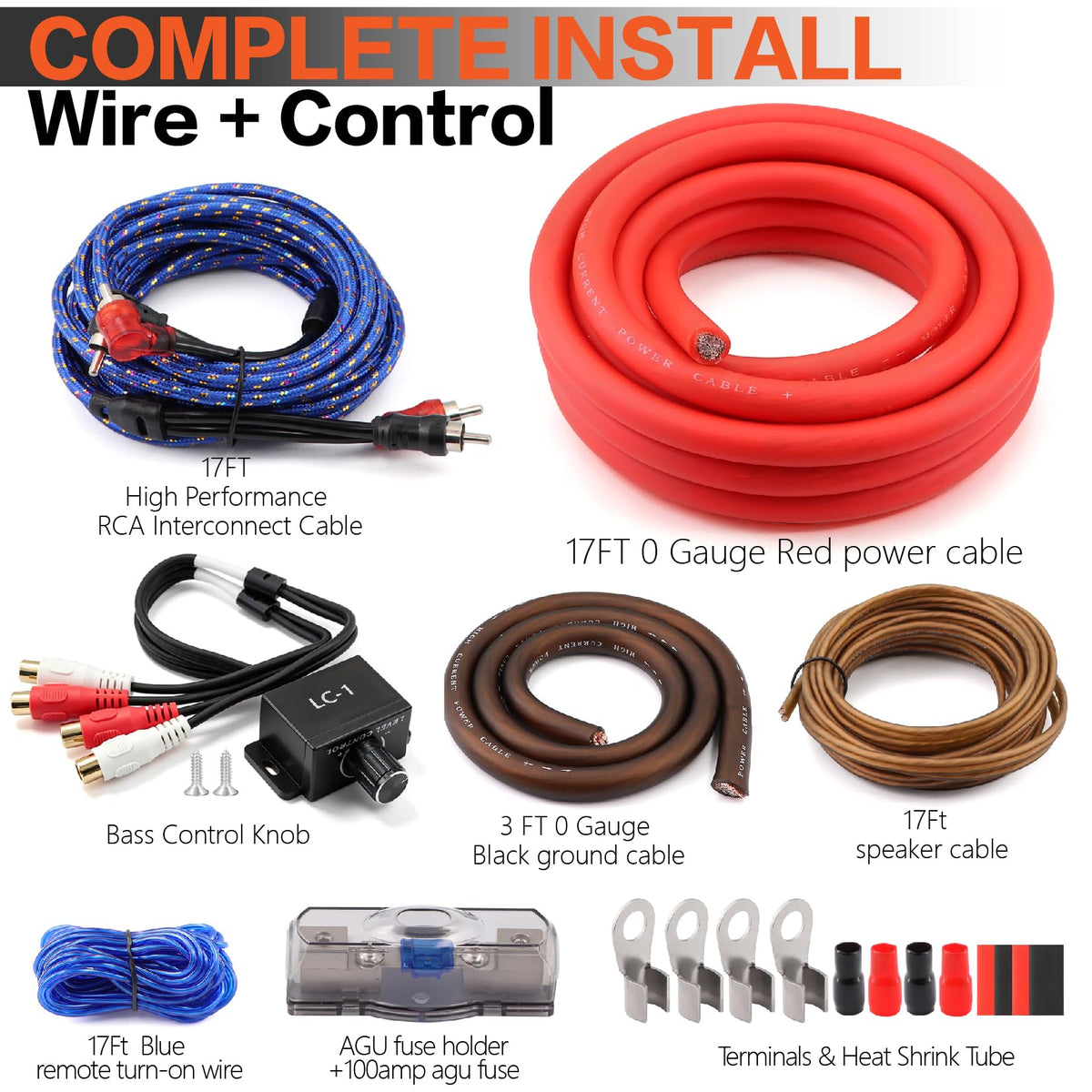 0 Gauge Car Audio Amp Wiring Kit 3000W with Bass Knob R165205