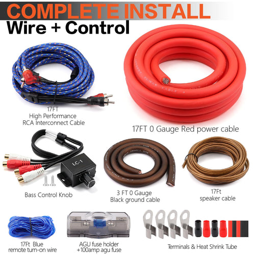 0 Gauge Car Audio Amp Wiring Kit 3000W with Bass Knob R165205